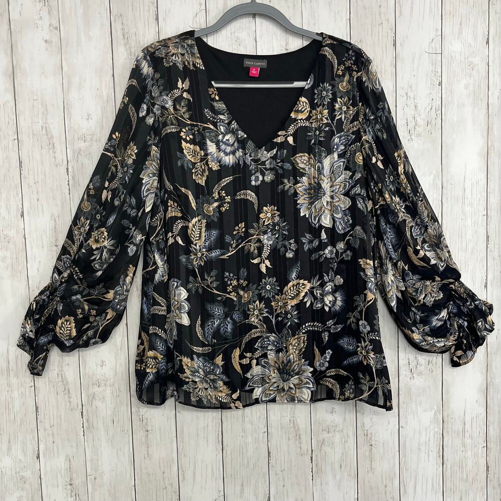 Vince Camuto Floral Long Sleeve Blouse XL Black Flowy V-Neck Peasant Boho Top